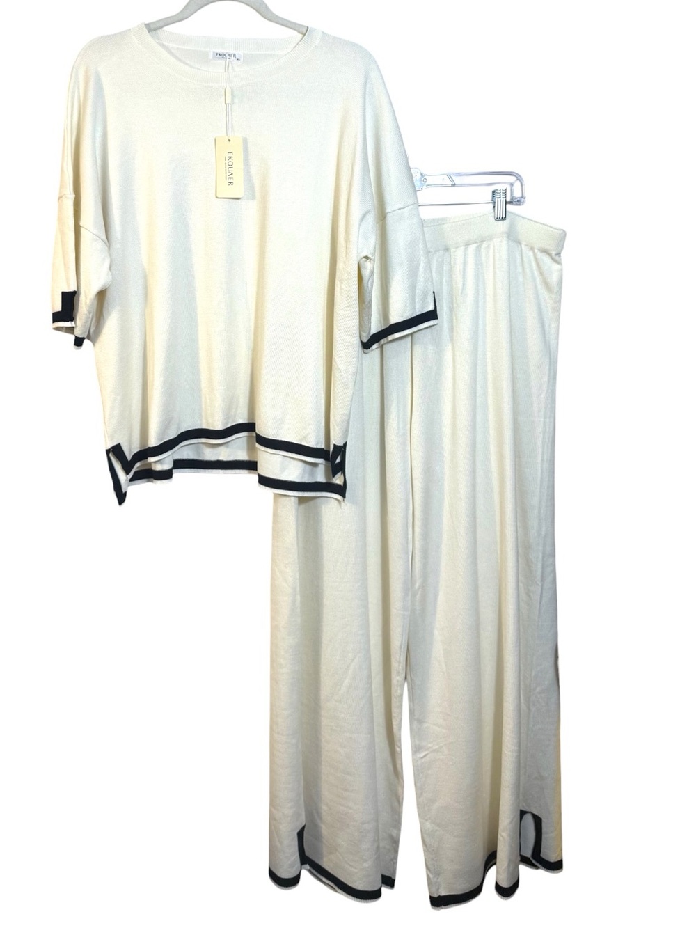Ekouaer NWT 2X White Cream Knit Lounge Set Wide Leg Pants Matching 2 Piece - Picture 3 of 9